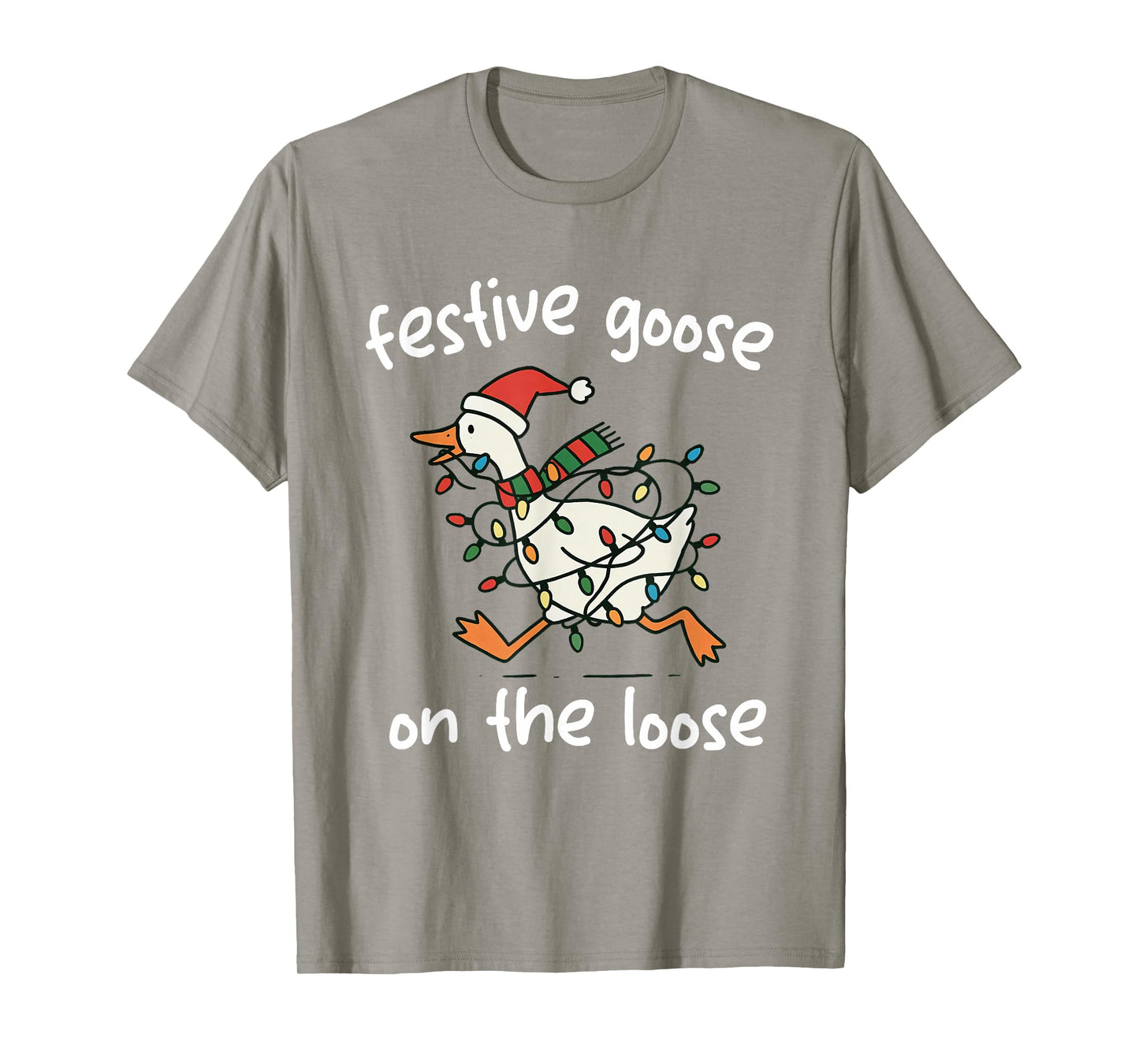 Festive Goose-On-The-Loose Santa Hat Christmas Lights Humor T-Shirt