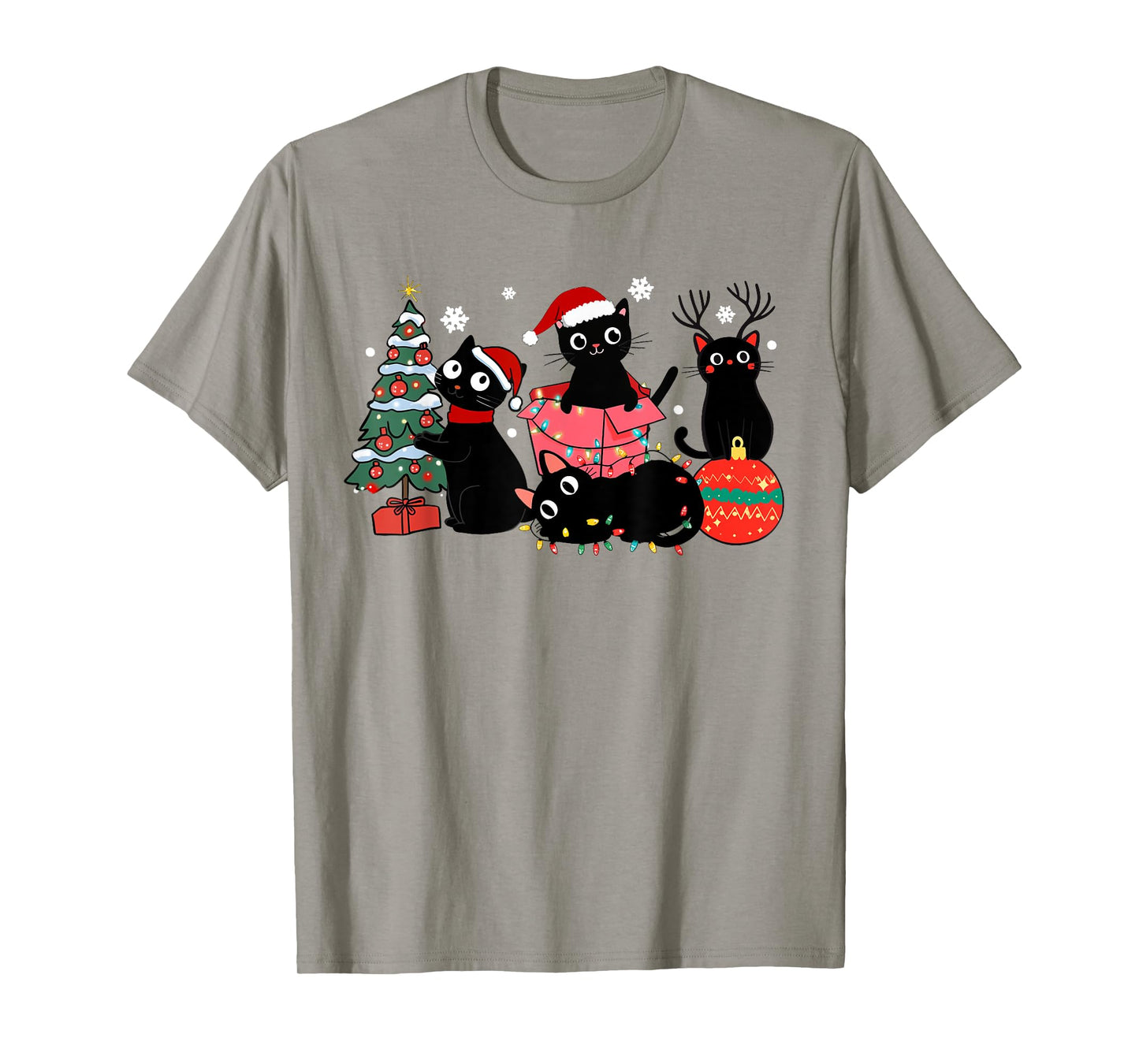 Meowy Christmas Black Cats Play Christmas Tree Lights Cats T-Shirt