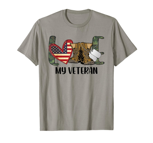 I Love My Veteran Camouflage USA Flag Military Army Wife T-Shirt