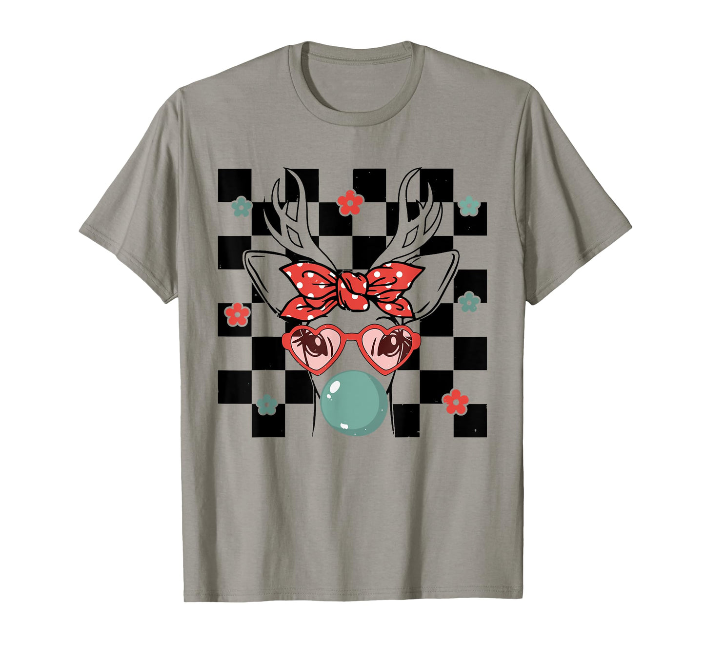 Cute Reindeer Wearing Glasses Bubblegum Checkered Christmas T-Shirt