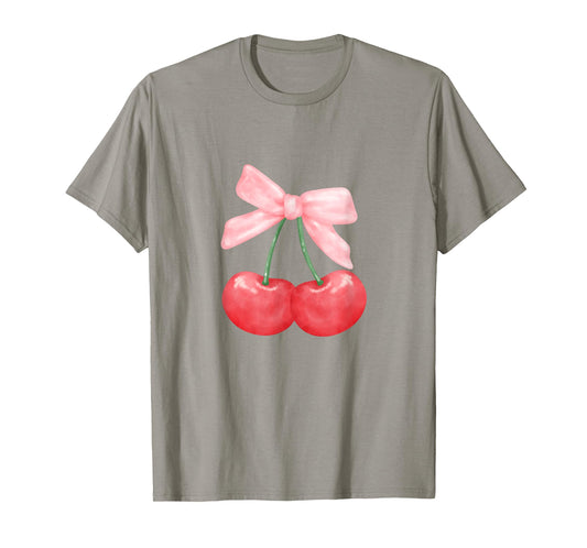 Coquette Bow Simple Pink Cute Girl Cherries T-Shirt