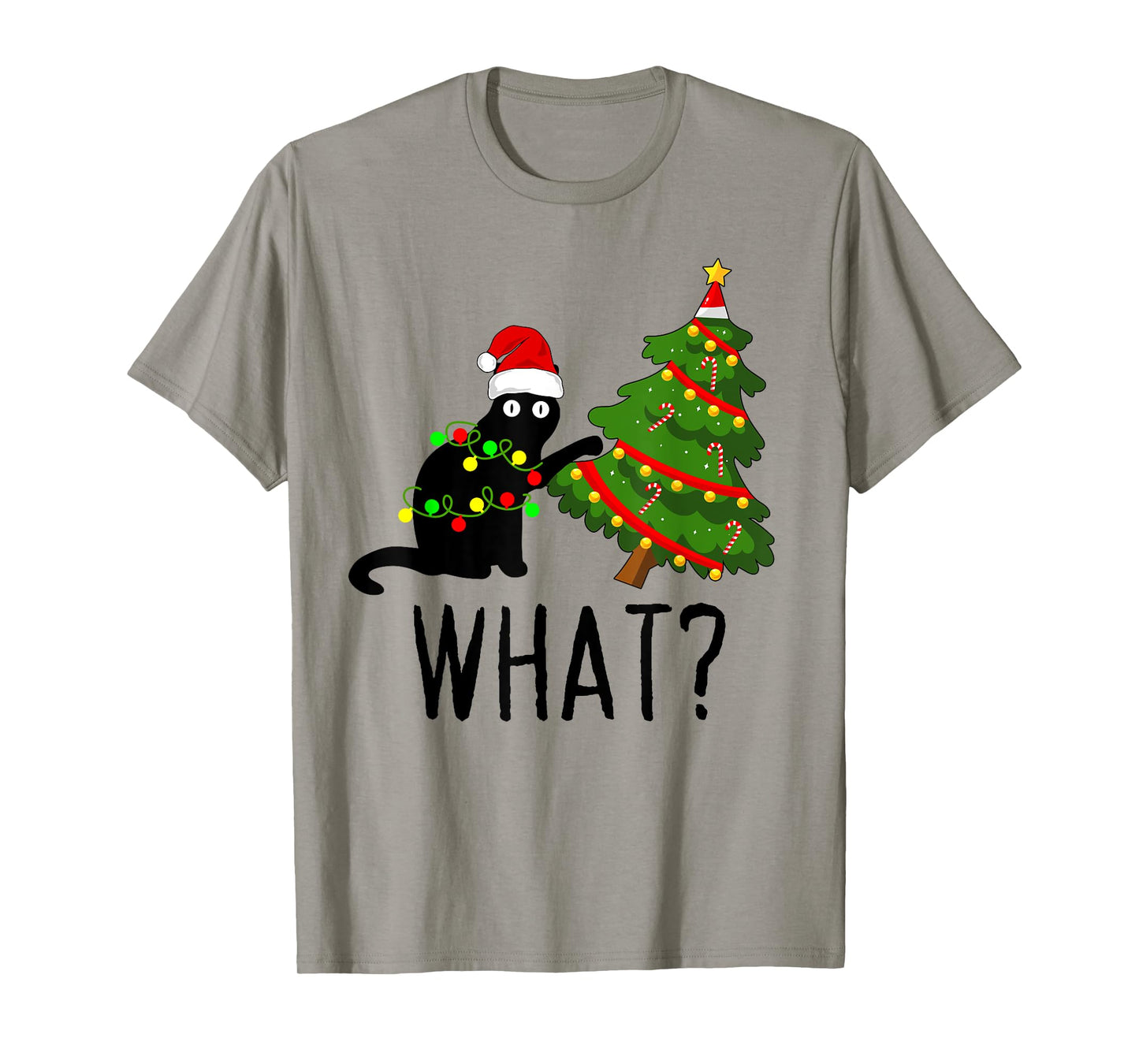 Black Cat Pushing Christmas Tree Over Cat What? Cat Shenanig T-Shirt for Men Women Kids