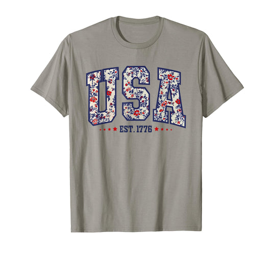 Floral USA Est 1776 Patriotic Wildflower 4th of July Retro T-Shirt