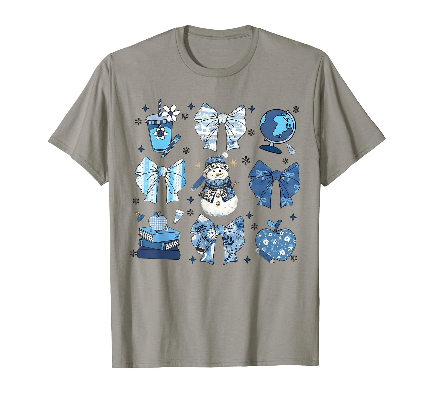 Snowman Teacher Winter Bows Classroom Cute Blue Aesthetic T-Shirt