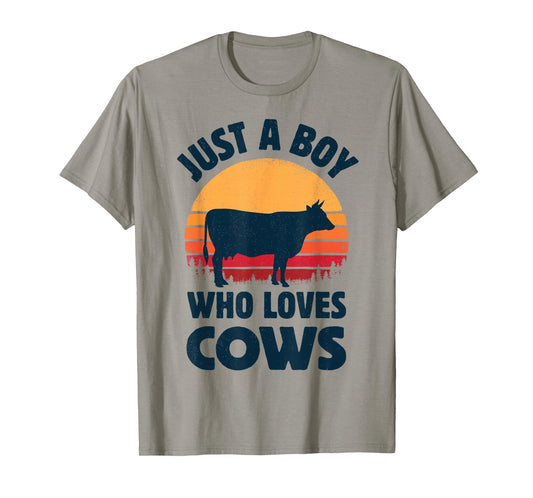 Cow Just A Boy Who Loves Retro Farm Animal Farmer Sunset T-Shirt