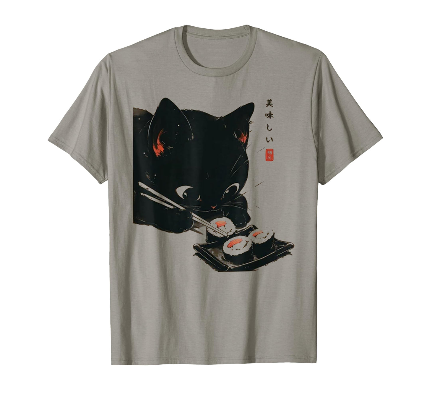 Black Cat Eating Sushi - Cat Japanese Art T-Shirt for Men Women