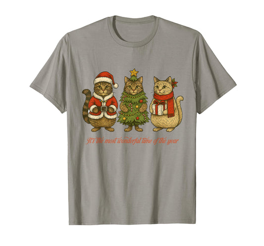 3 Cats Cute Christmas Tree Kittens Santa Hat T-Shirt