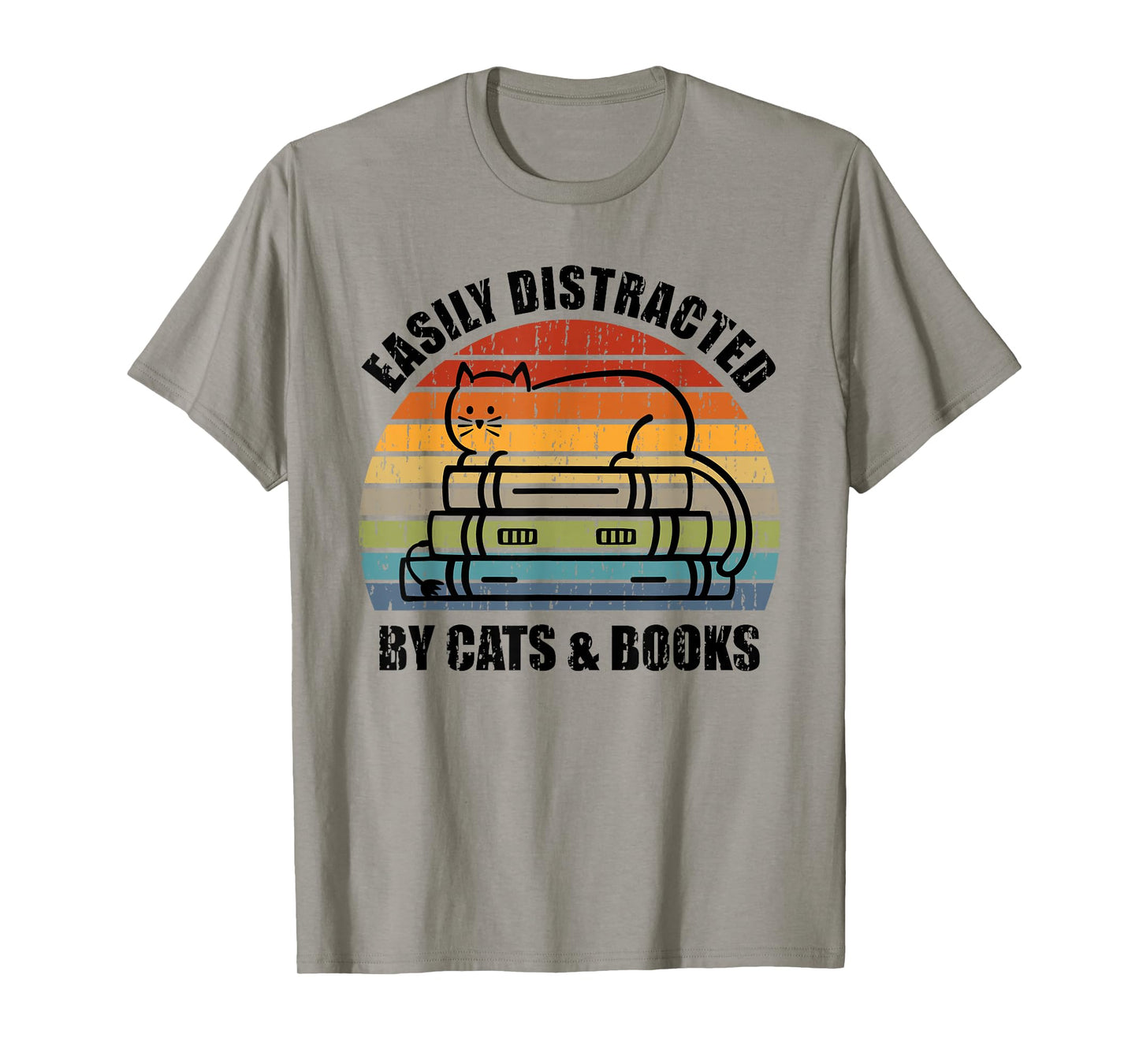 Easily Distracted by Cats and Books - Retro Cat & Book Lover T-Shirt