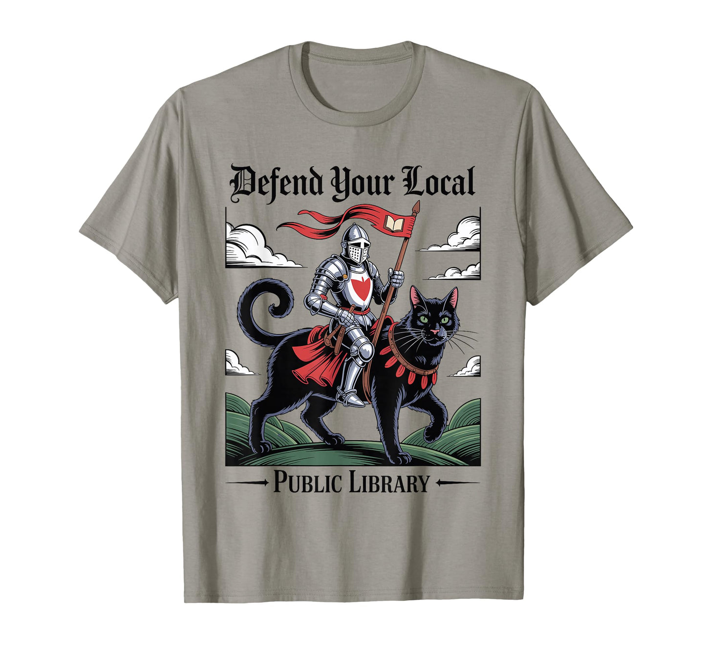 Defend Your Local Public Library Funny Knight Cat Gothic T-Shirt