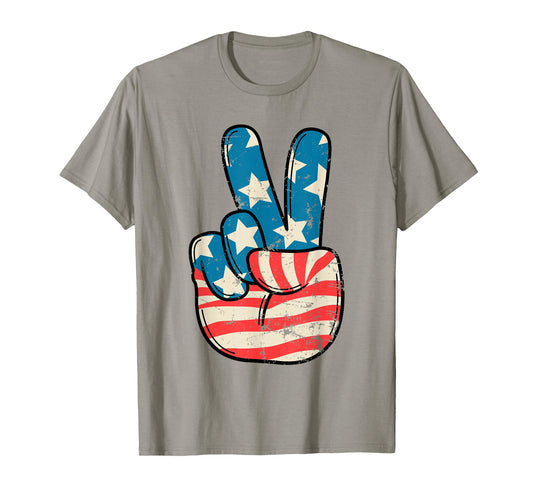 USA Flag Peace Sign Hand 4th of July Patriotic Men Boys T-Shirt