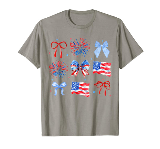Coquette Bows Red White Blue USA Flag 4th Of July Women Girl T-Shirt