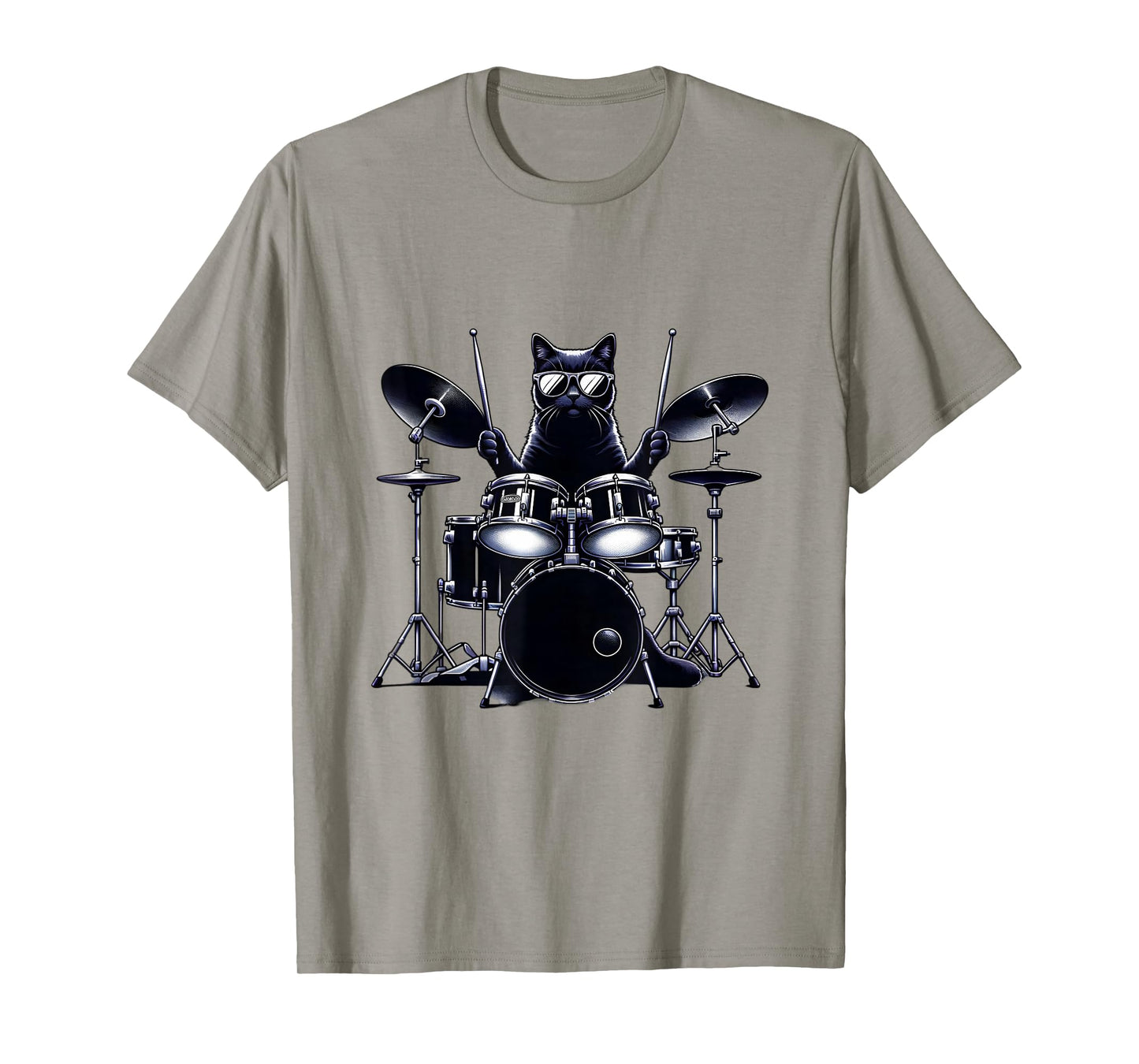 Percussion Cat Playing Drums T-Shirt, Unisex-Adults/Kids, Grey, Short Sleeve, Cat, Drumming, Graphic, Music, Novelty, Classic Fit, Cotton Blend, Machine Wash, Size: Small