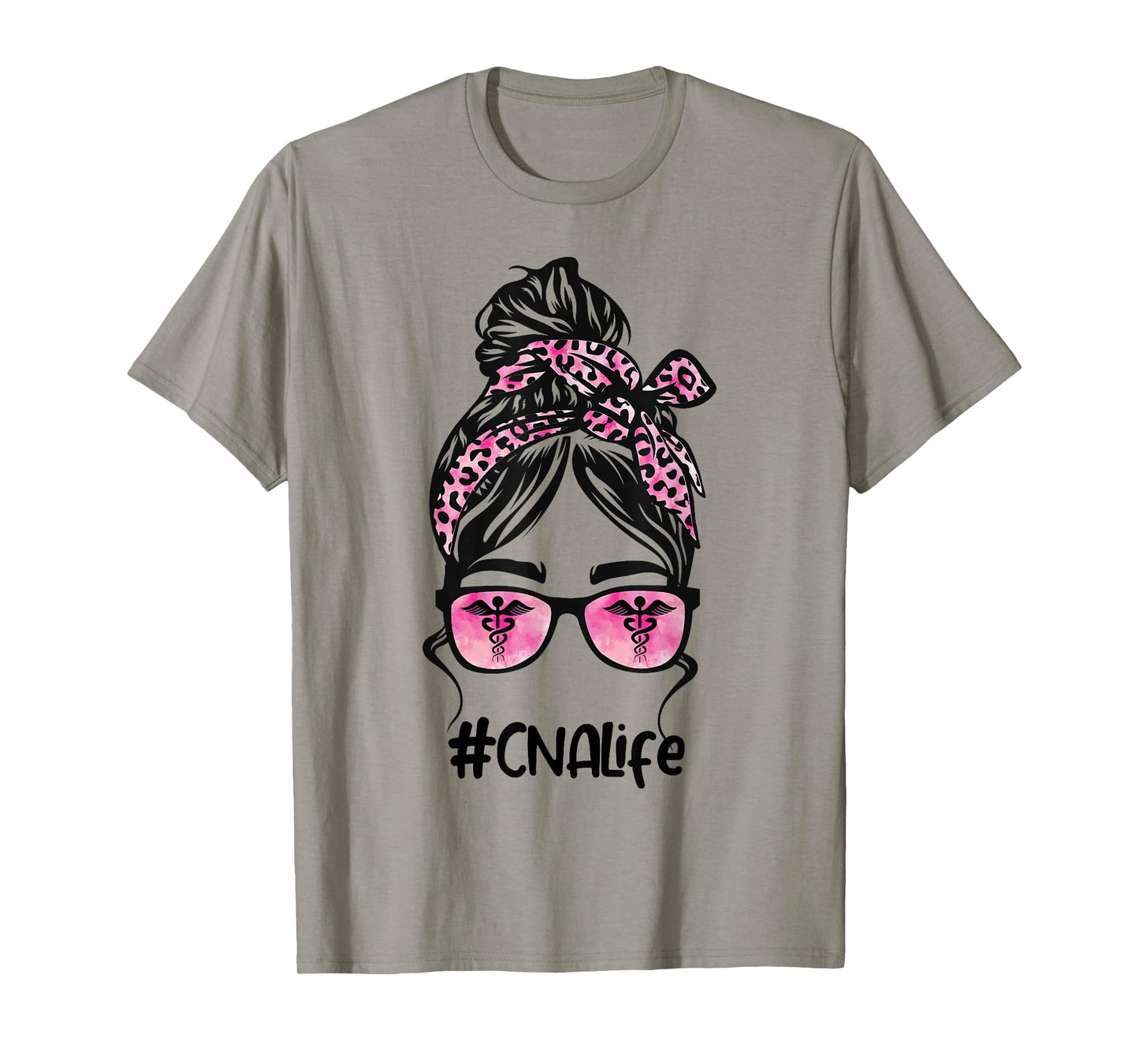 CNA Nurse Life Bleached Pink Leopard Messy Bun T-Shirt