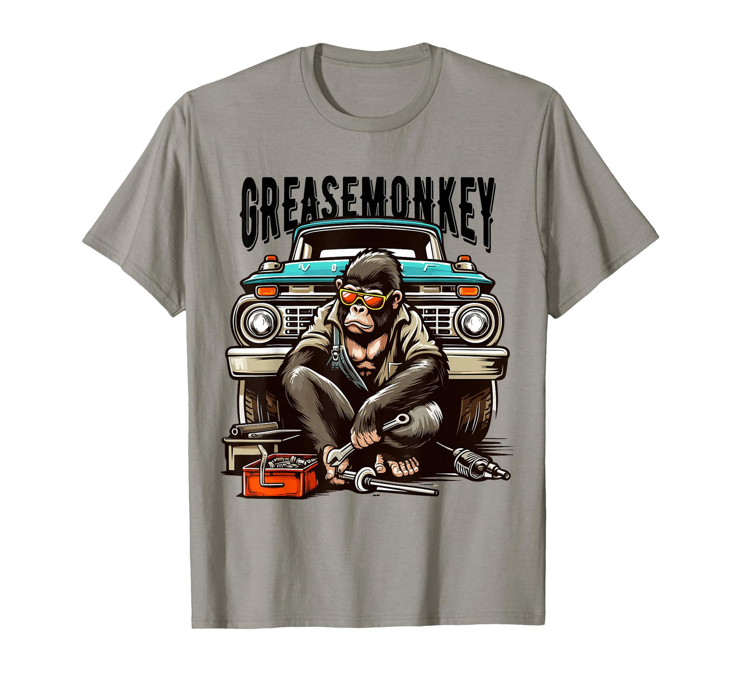 Cool Grease Monkey with Sunglasses Working on Vintage Truck T-Shirt