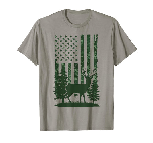 Deer Hunting Camo American Flag Nature Background USA Flag T-Shirt