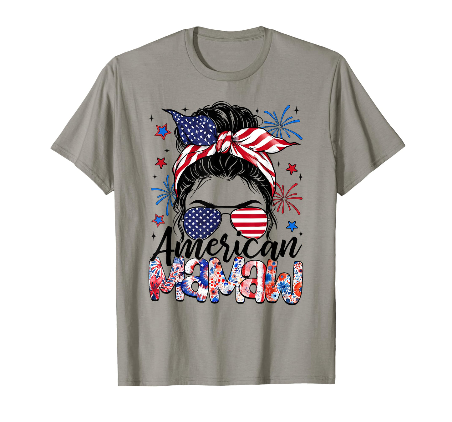 Mamaw 4th Of July American Flag Patriotic Messy Bun T-Shirt
