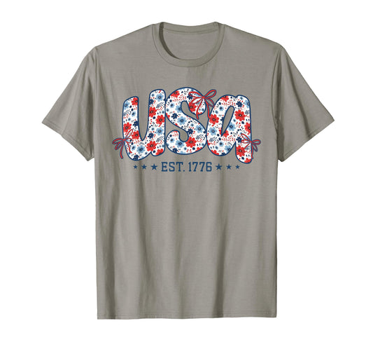 USA Est 1776 Floral Preppy 4th of July Coquette Bow Women T-Shirt