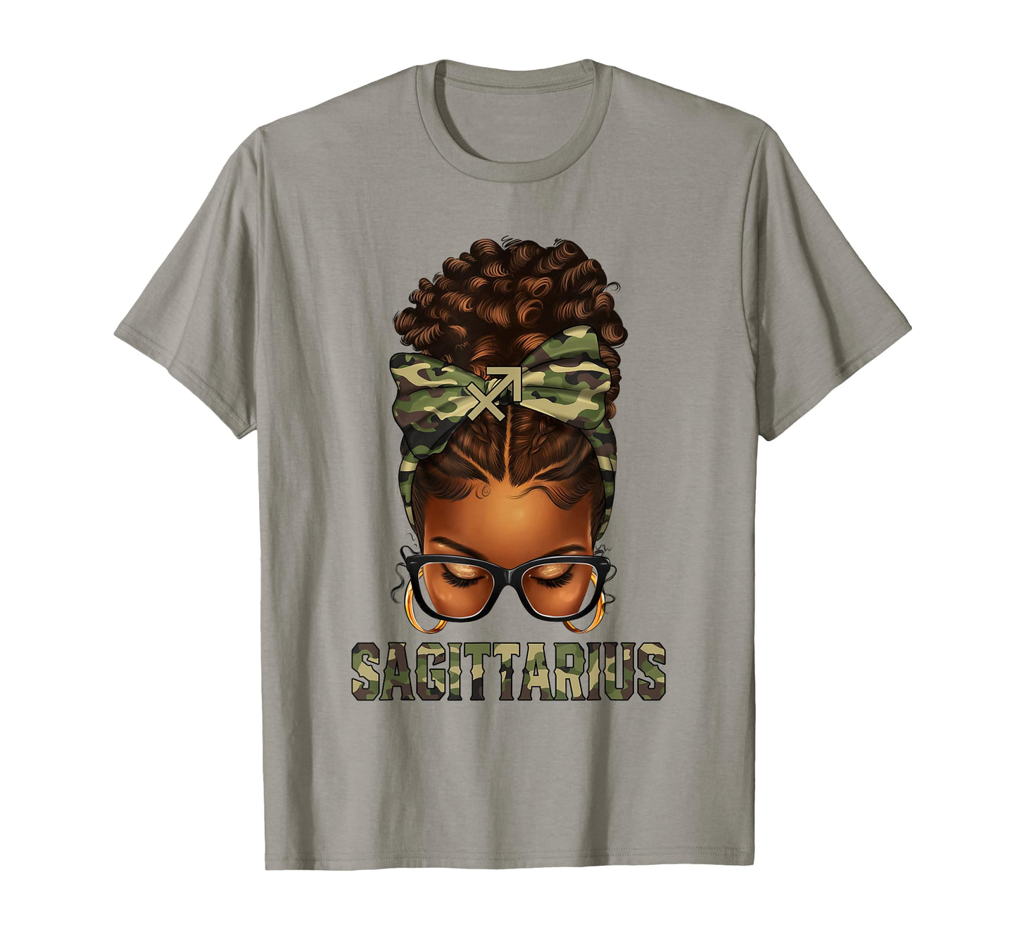 Afro Black Woman Messy Bun Camo Zodiac Sagittarius Queen T-Shirt