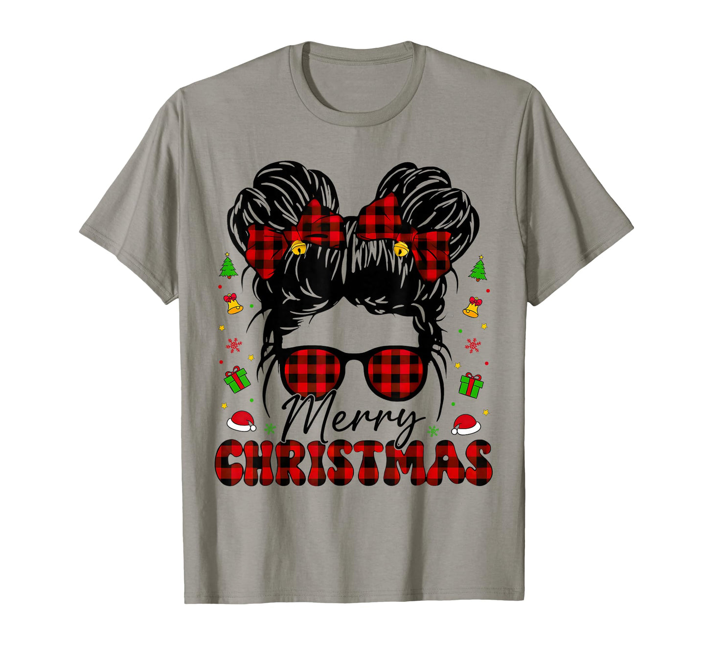 Merry Christmas Buffalo Plaid Messy Bun Girl Xmas Pajamas T-Shirt