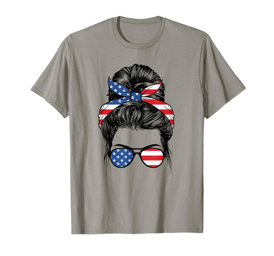 Cute 4th Of July Messy Bun Woman American Flag Patriotic USA T-Shirt
