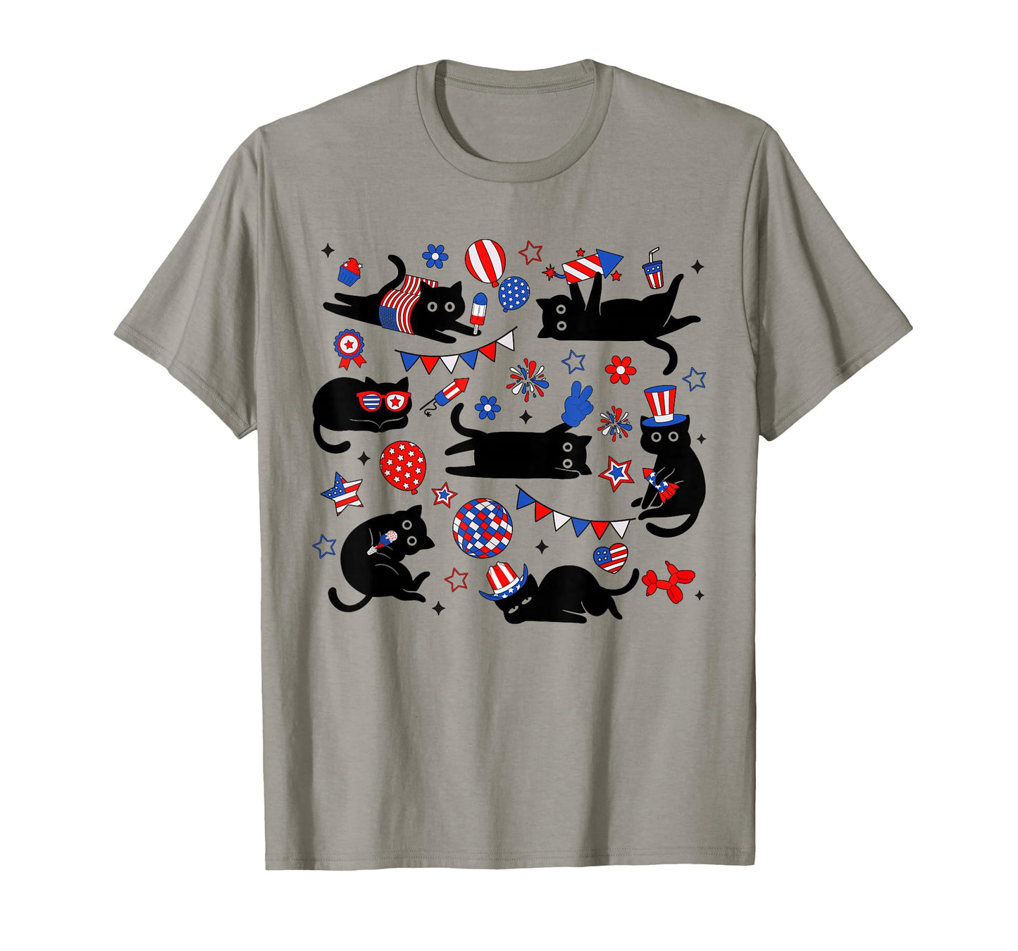 Cute Black Cat USA Flag Firework Patriotic 4th of July T-Shirt