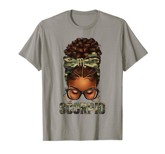 Afro Black Woman Messy Bun Camo Zodiac Scorpio Queen T-Shirt