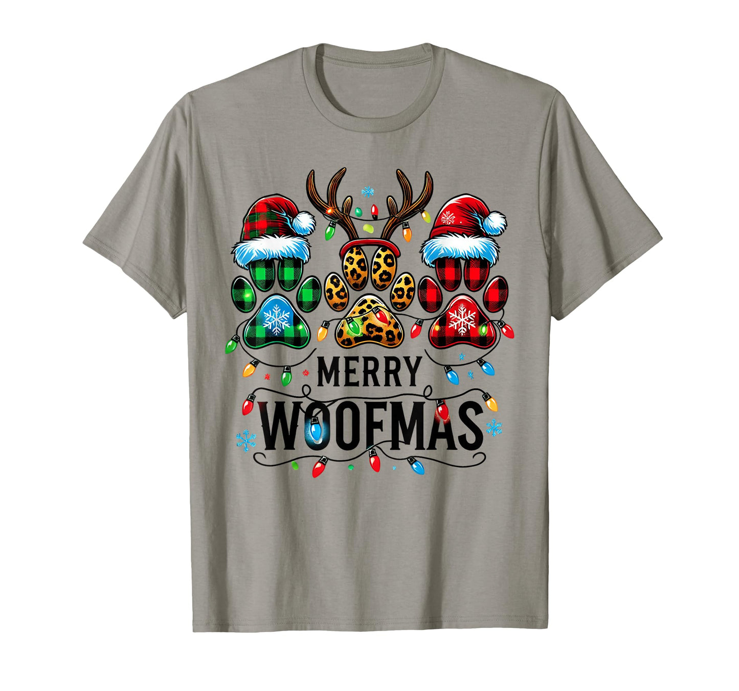 Merry Woofmas Christmas Dog Paws Lights Buffalo Plaid Women T-Shirt
