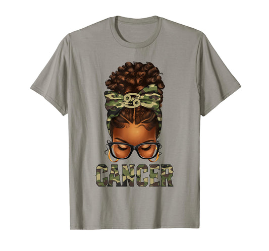Afro Black Woman Messy Bun Camo Zodiac Cancer Queen T-Shirt