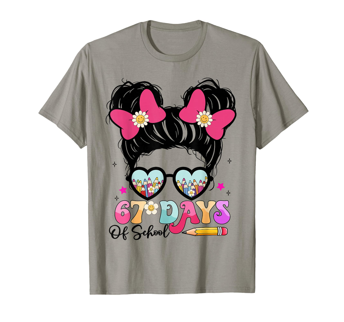67 Days of School Messy Bun Girl Kids Meme Funny T-Shirt