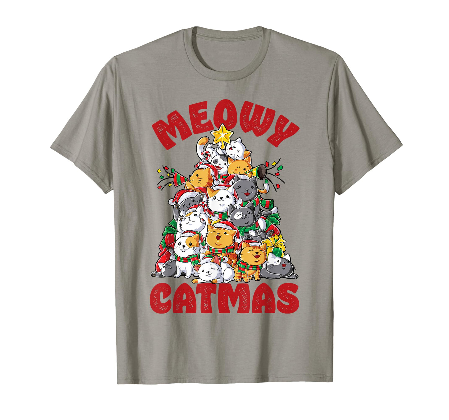 Meowy Catmas Cat Christmas Tree Xmas Girls Boys Funny Santa T-Shirt