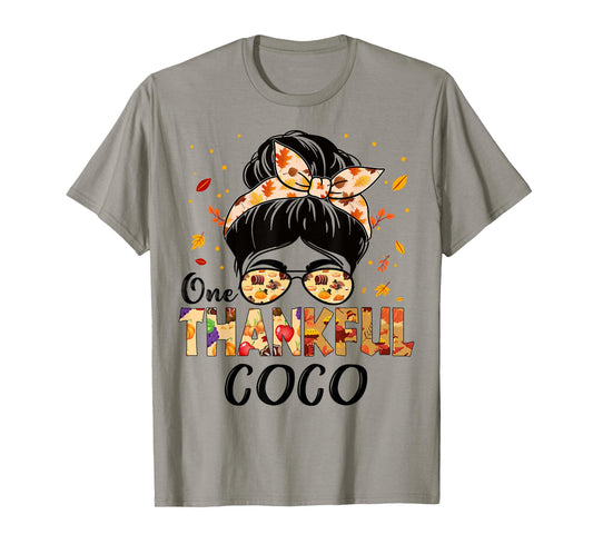 Coco One Thankful Messy Bun Grandma Thanksgiving Fall Autumn T-Shirt