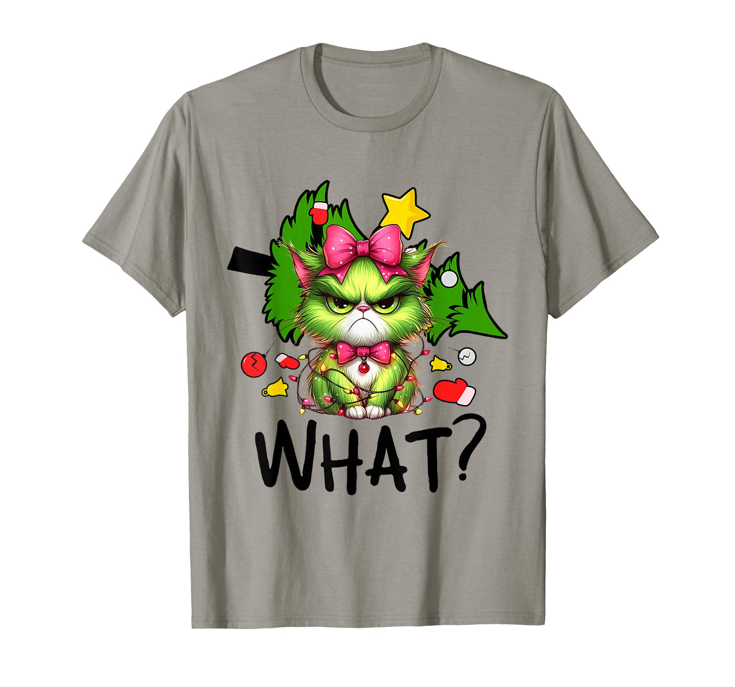Funny Green Cat Christmas Tree Merry Xmas Humor Cat What? T-Shirt