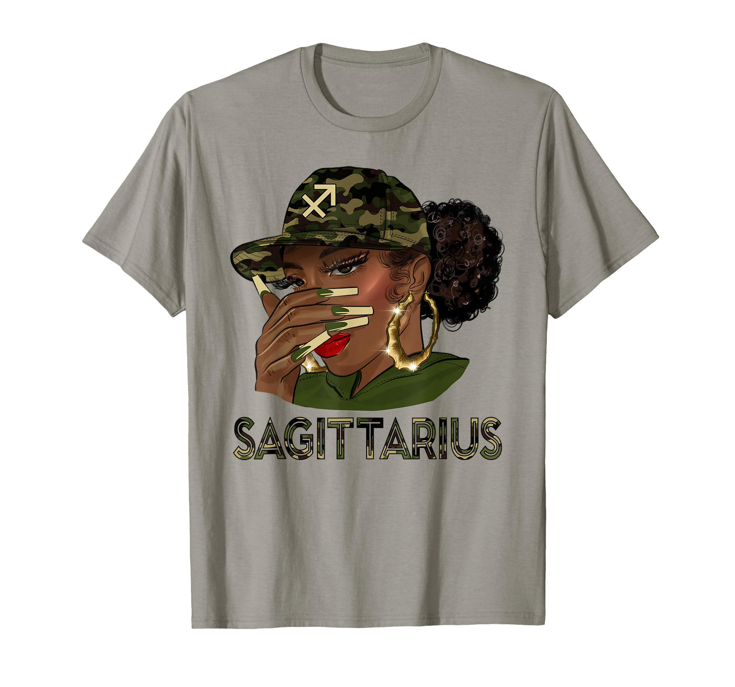 Sagittarius Queen Black Girl With Cap Camo Afro Woman Zodiac T-Shirt