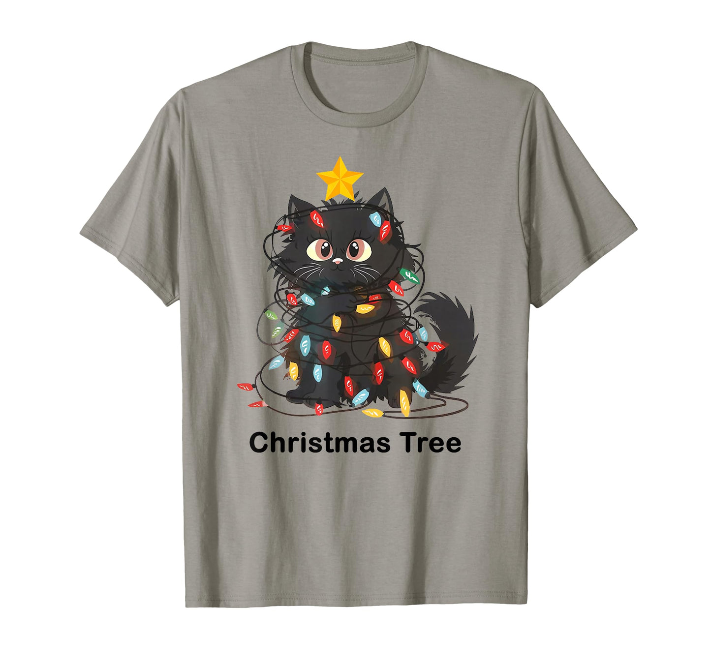 Funny Christmas Tree Cat Tangled With Lights T-Shirt for Men Women Kids