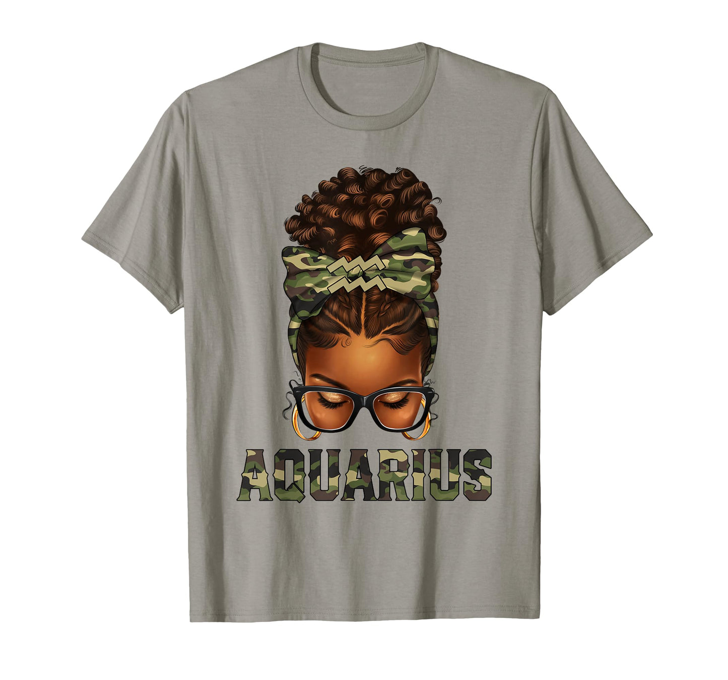 Afro Black Woman Messy Bun Camo Zodiac Aquarius Queen T-Shirt