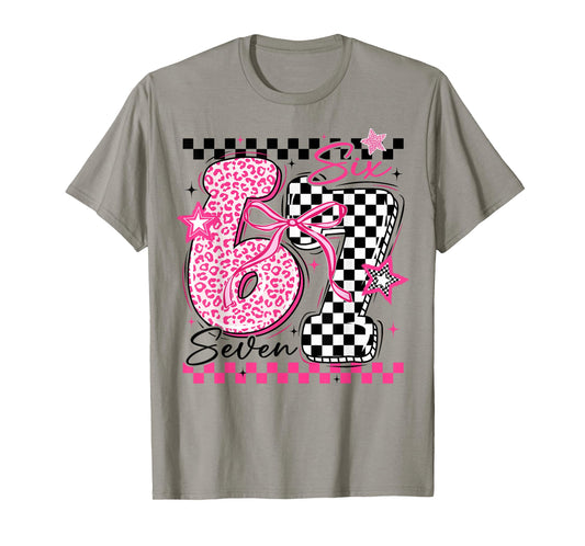 67 Leopard Checkered Funny Six Seven Meme 6-7 Teachers Kids T-Shirt