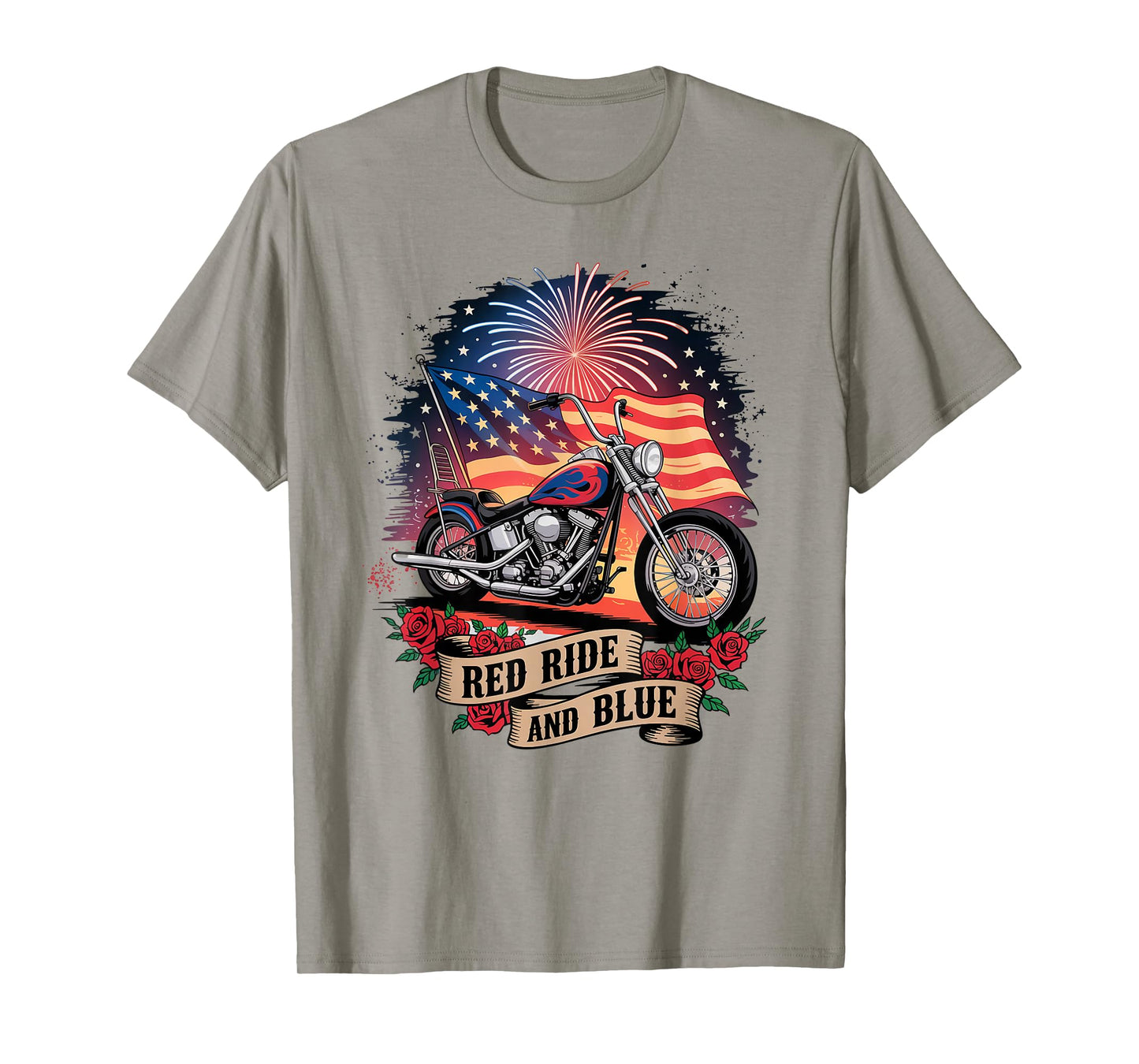 Red Ride & Blue Motorcycle Patriotic USA Biker American Flag T-Shirt