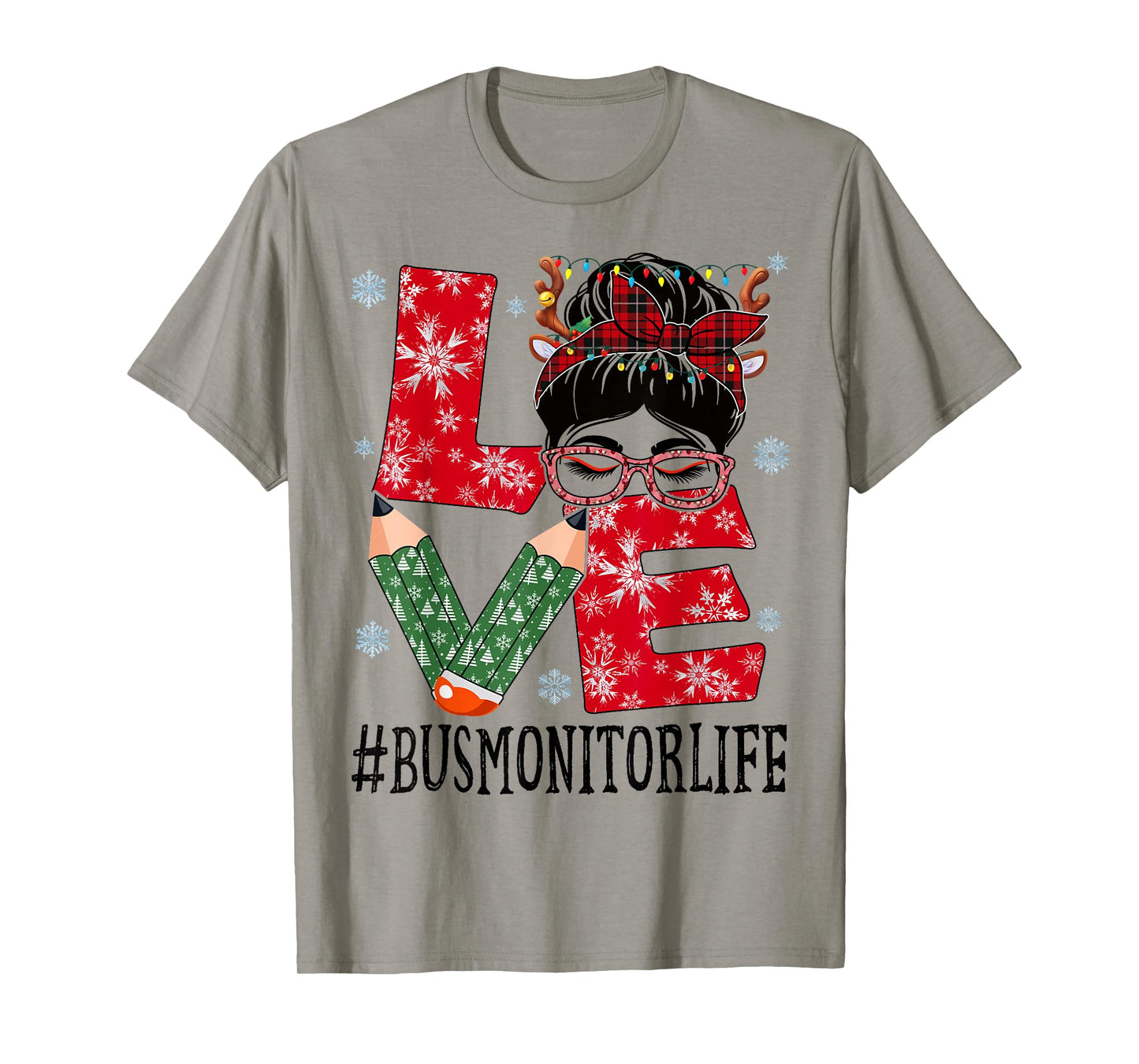 Bus Monitor Love Christmas Messy Bun Reindeer Buffalo Xmas T-Shirt
