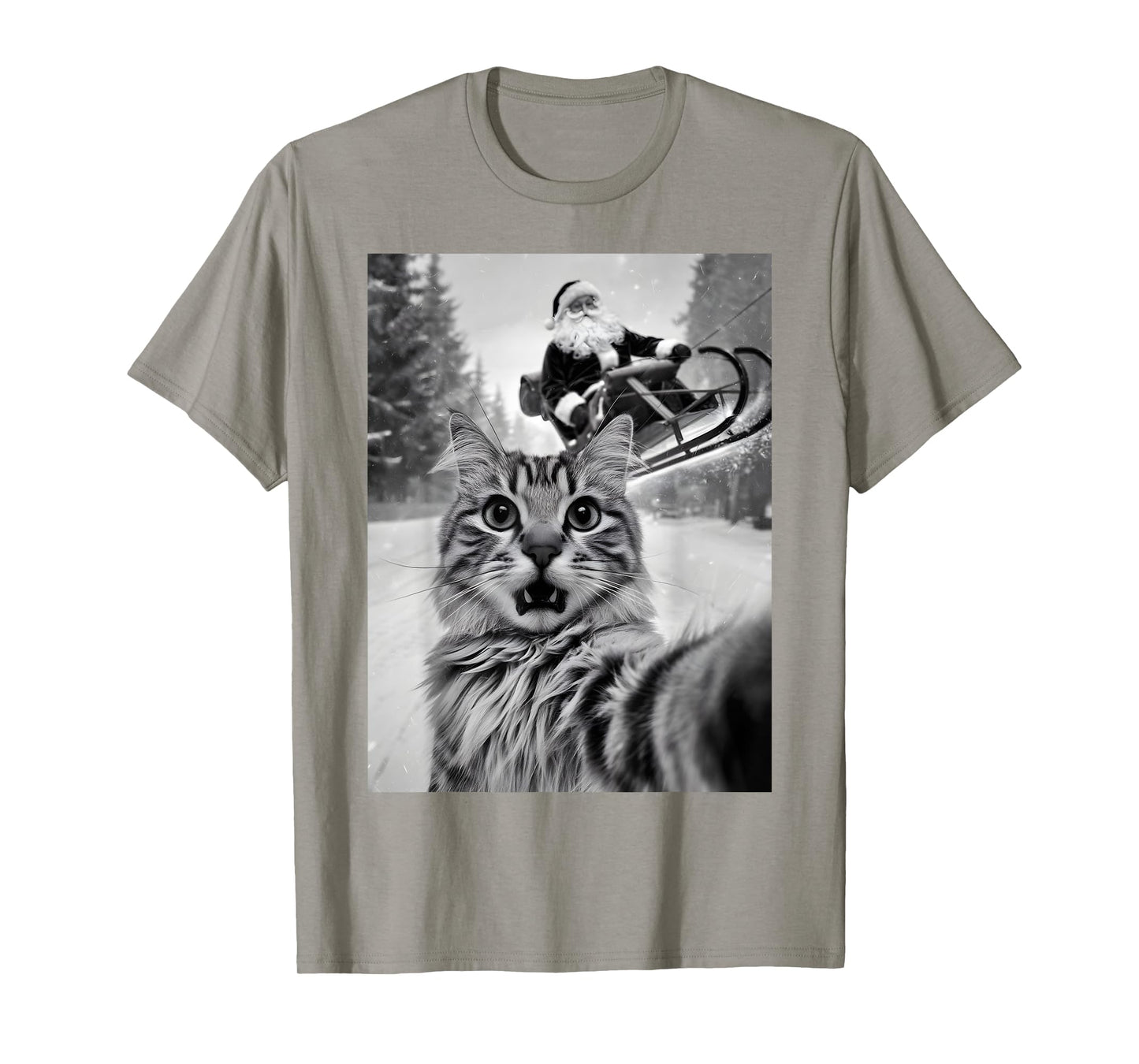 Christmas Cat Selfie With Santa Claus Sleigh Merry X-Mas Men Women Kids T-Shirt