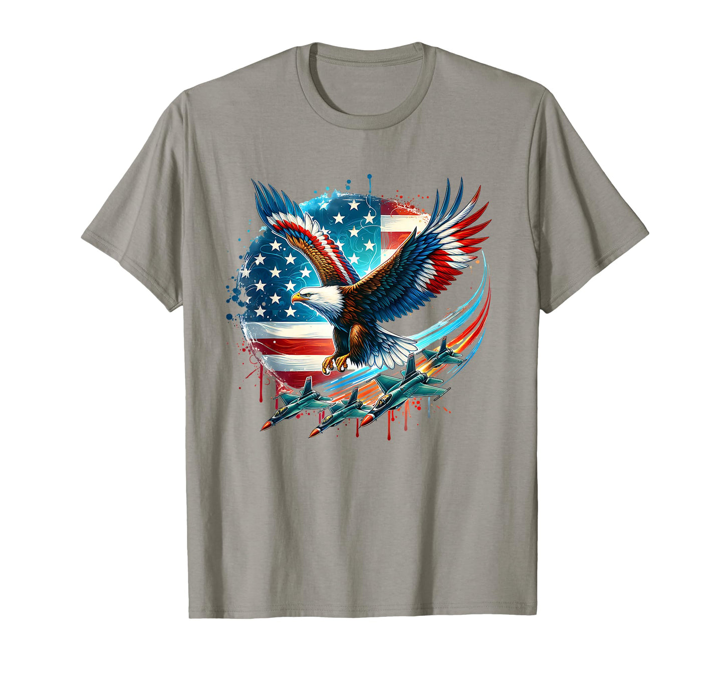 Boys 4th Of July American Bald Eagle USA Flag Fighter Jet T-Shirt