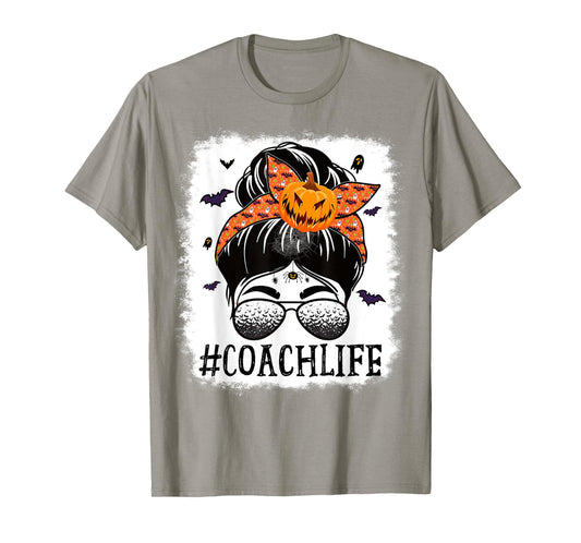 Coach Messy Bun Spooky Pumpkin Bat Orange Halloween Costume T-Shirt