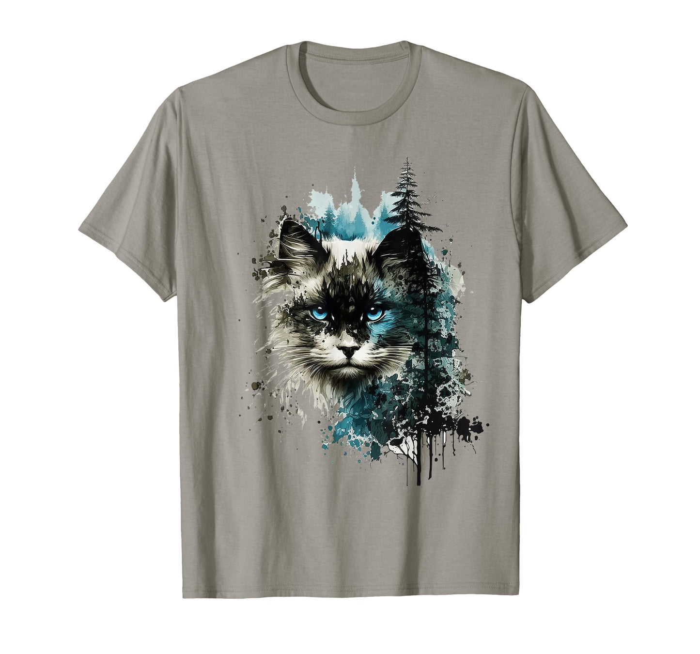 Cat Blue Eyes Cat Motif Art Forest Animal Cat T-Shirt