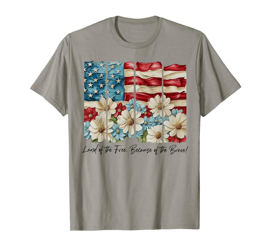 USA Flag Floral Flower Land Of The Free Patriotic Girl Women T-Shirt