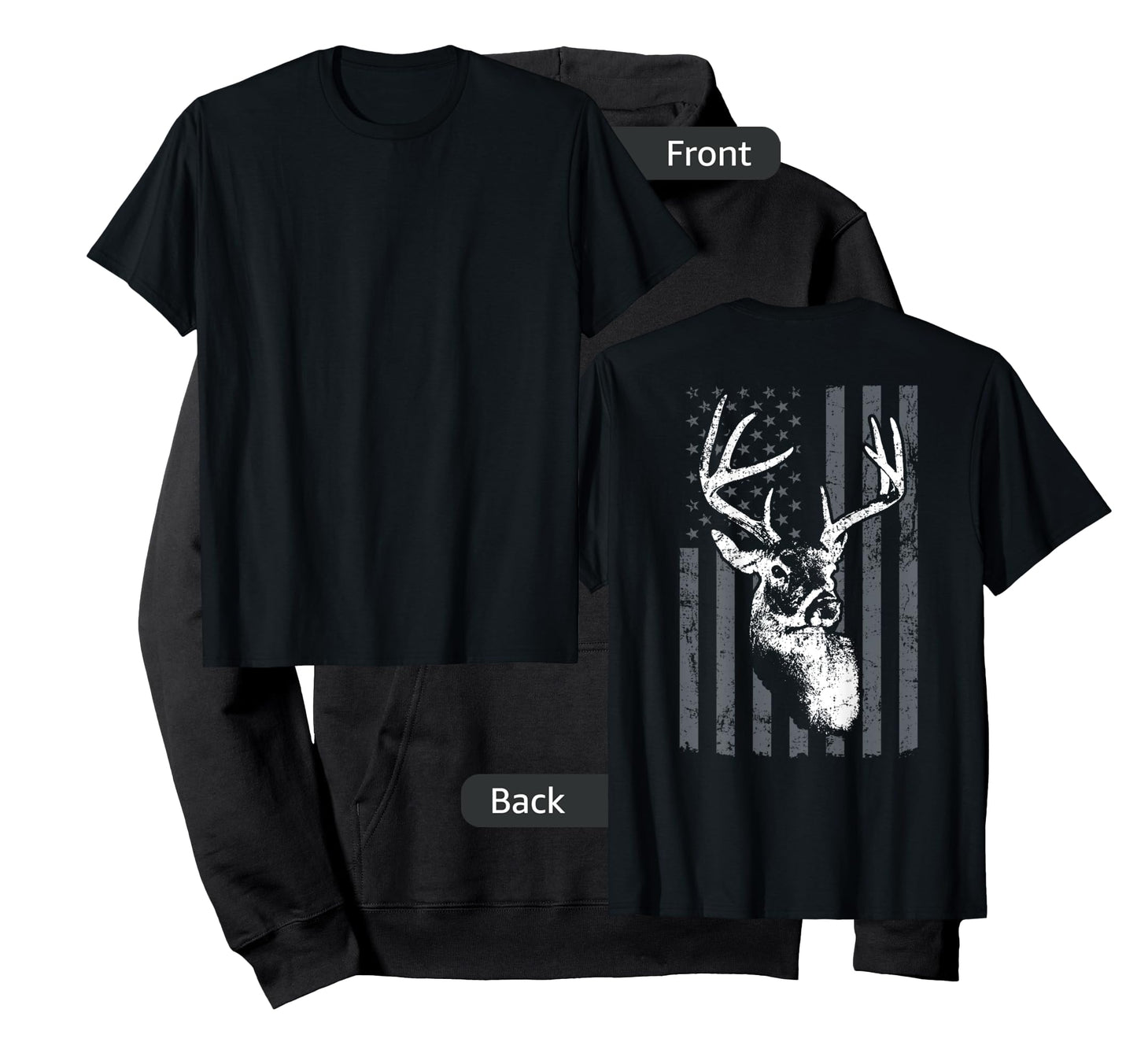 Whitetail Buck Deer Hunting USA Grey American Flag - ON BACK Women Kids Men T-Shirt