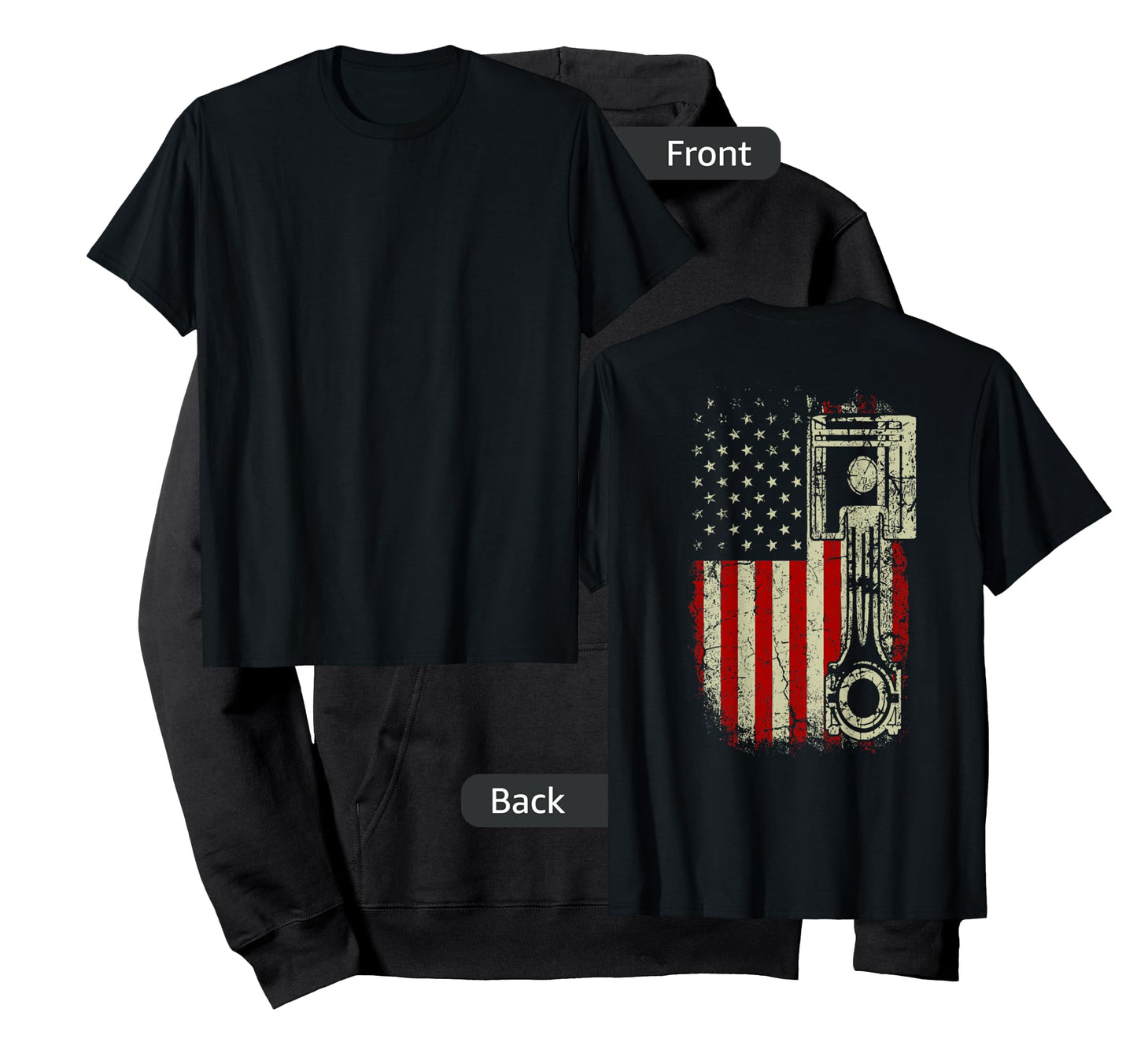 American Flag Piston Muscle Car Patriotic Vintage on back T-Shirt