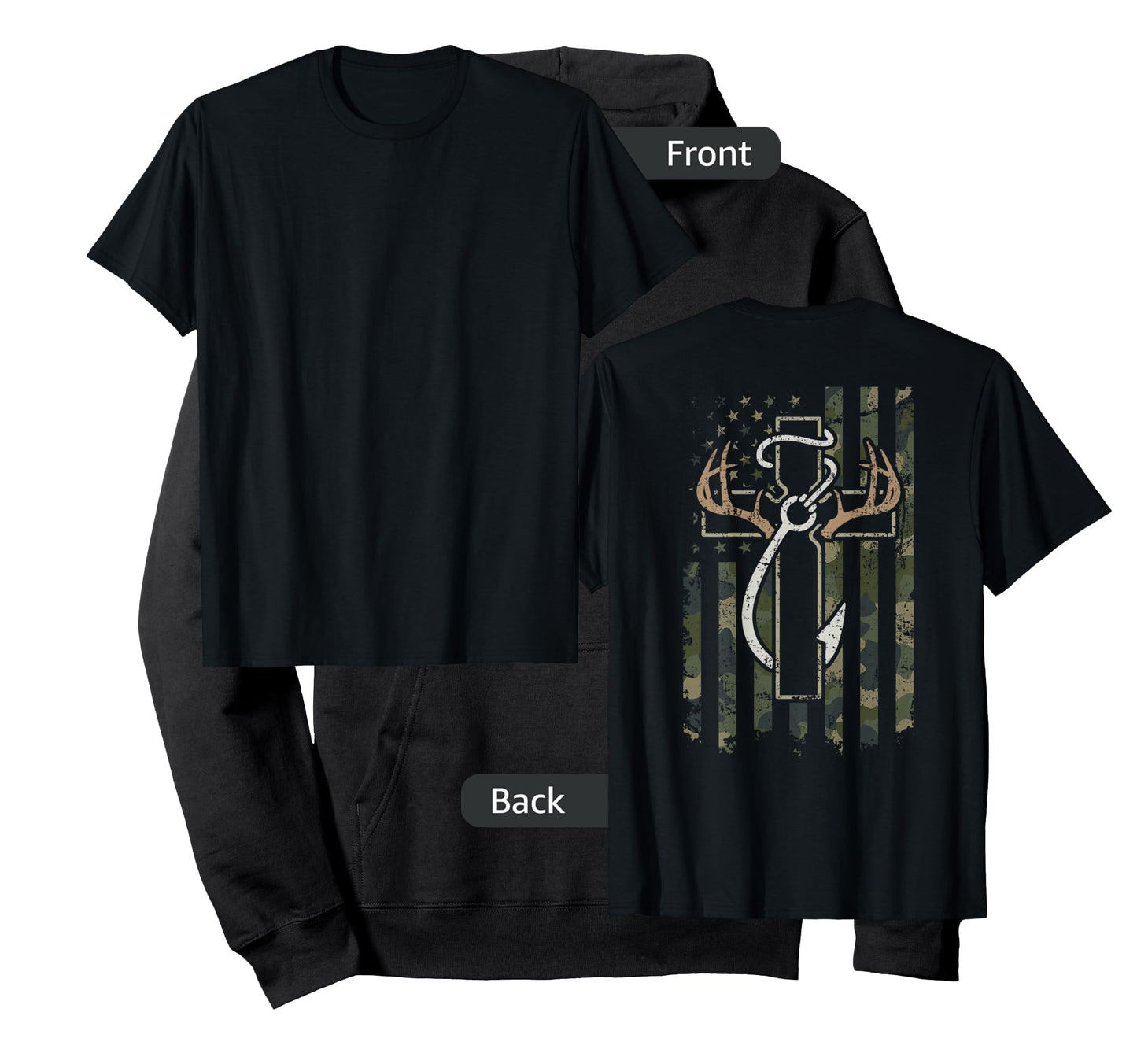 Hunting Fishing Faith - Hunter Fisherman Camo USA - ON Back T-Shirt