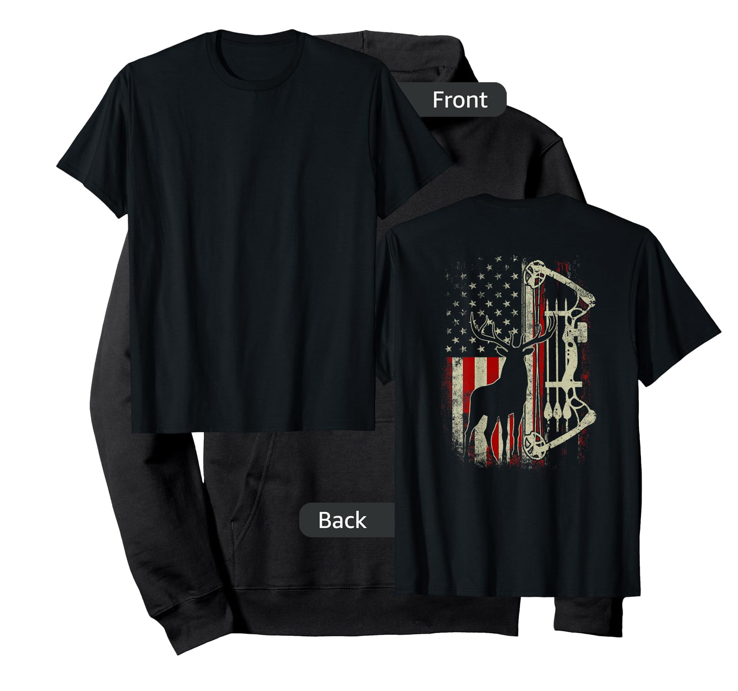 Buck Deer Hunting American Flag Funny Hunter (on back) T-Shirt