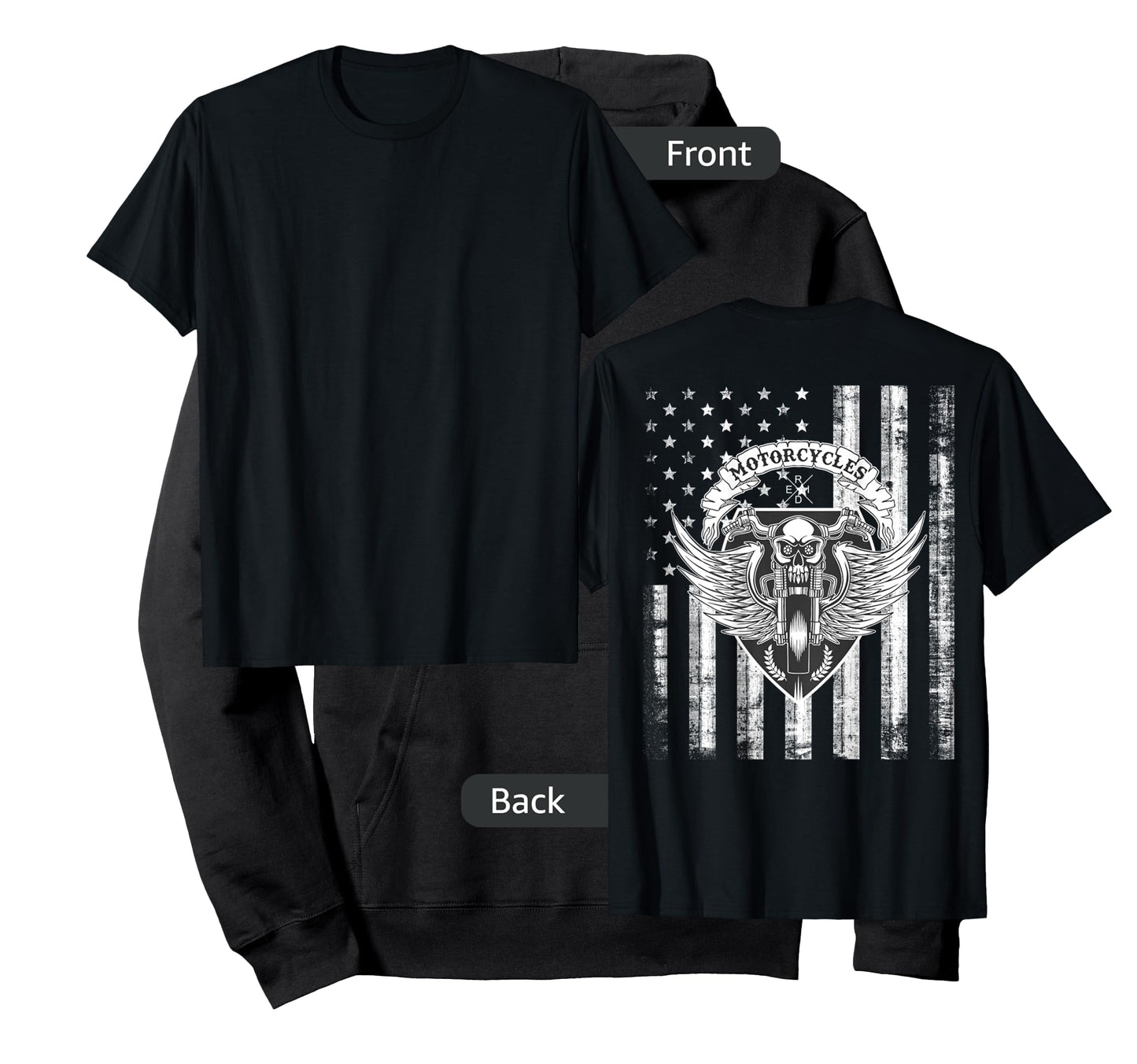 Biker Motorcycle Skull Distressed USA Flag Grunge - on Back T-Shirt