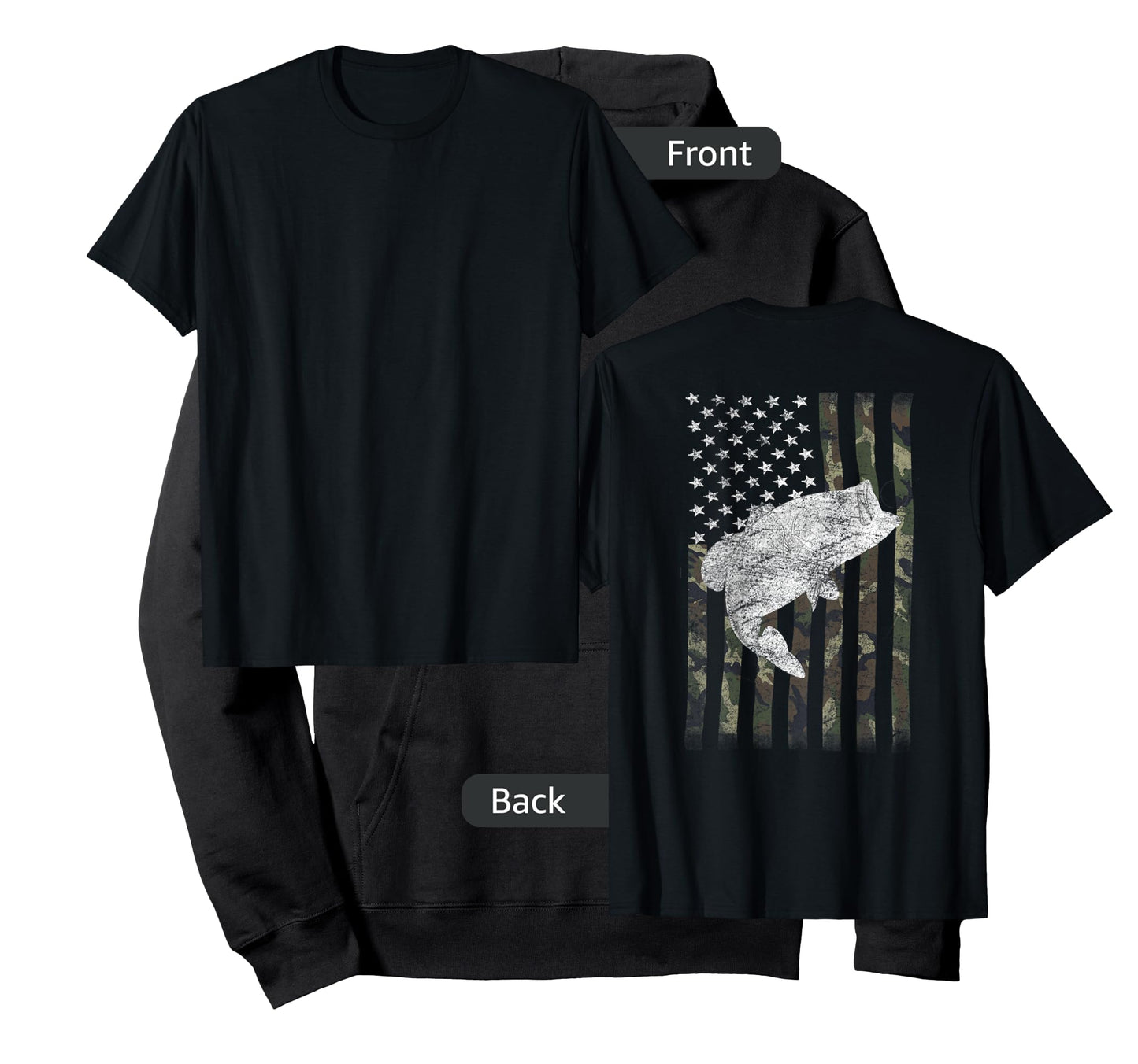 Bass Fishing American Camo USA Flag for Fisherman (on Back) T-Shirt Small