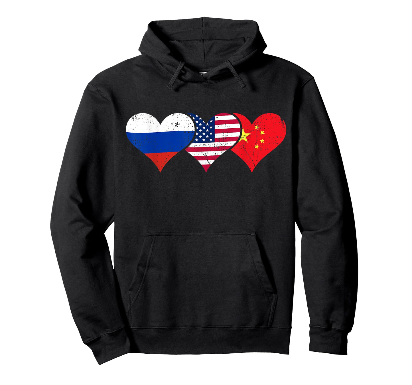 Russia, USA & China Flags – Russian American Chinese Hearts T-Shirt